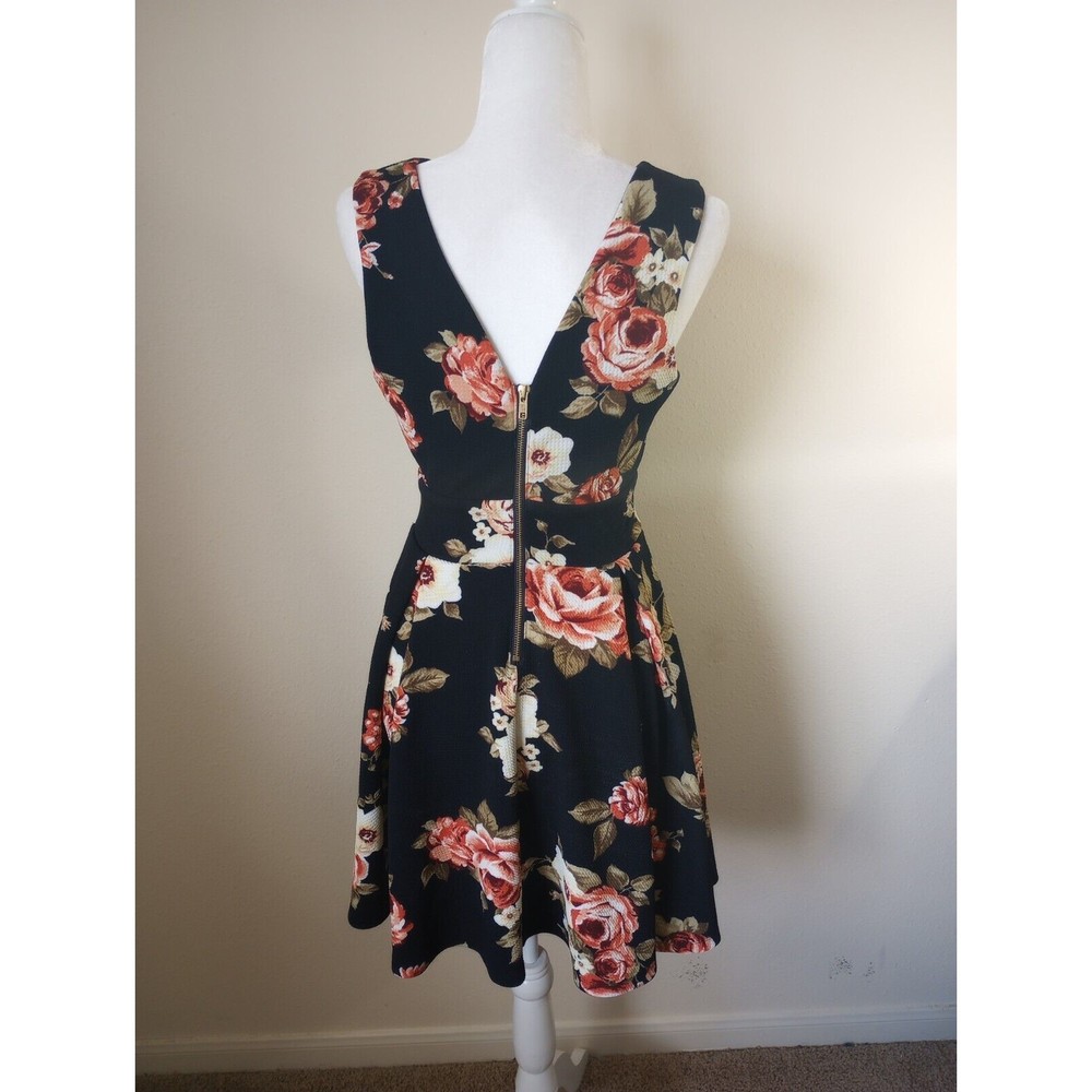 Haute Monde Women's Lg. Floral Black V-Neck Pleated Knee Length Dress